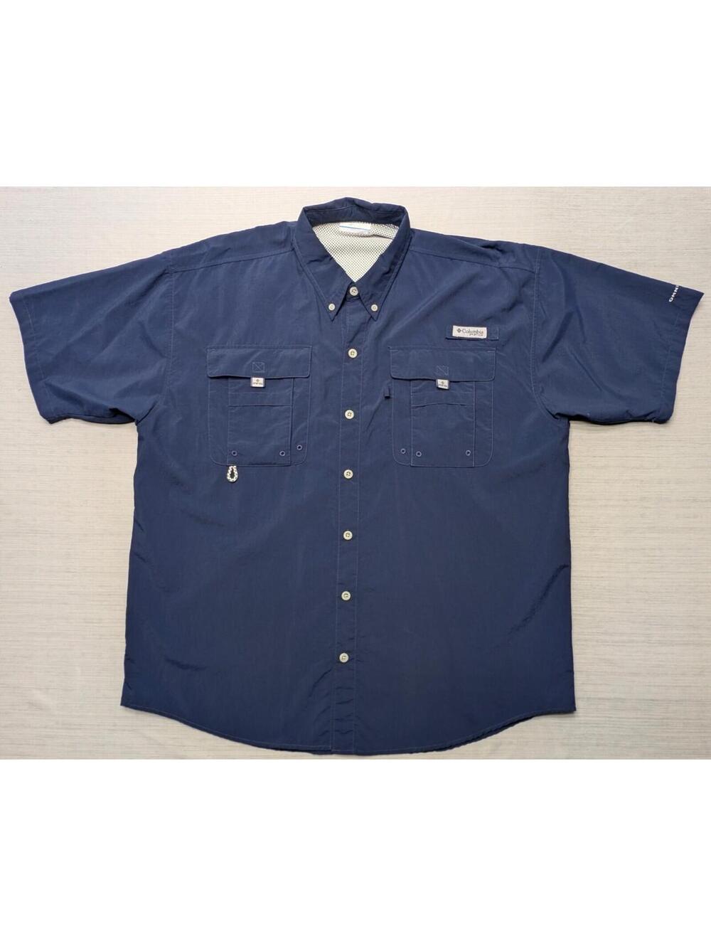 Columbia PFG Omni-Shade Button Down Fishing Shirt Men's Large Navy Short Sleeve